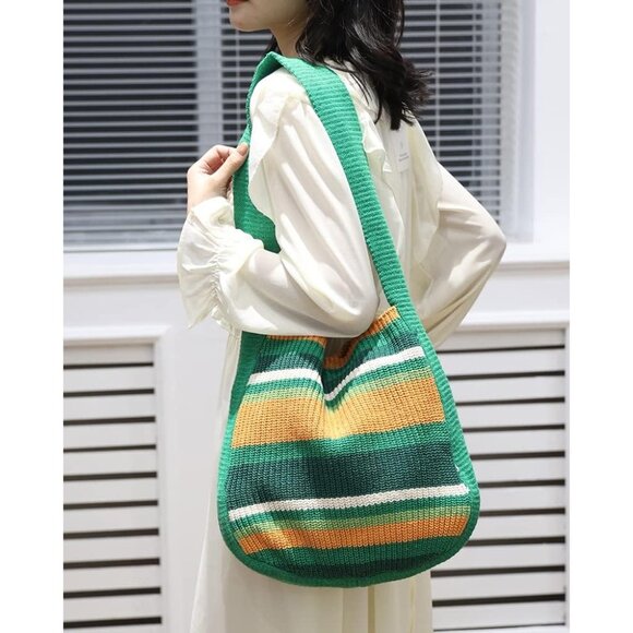 Women's Green-A Shoulder Handbags Crocheted Bags Large Knit Bag Tote Bag - Picture 7 of 9